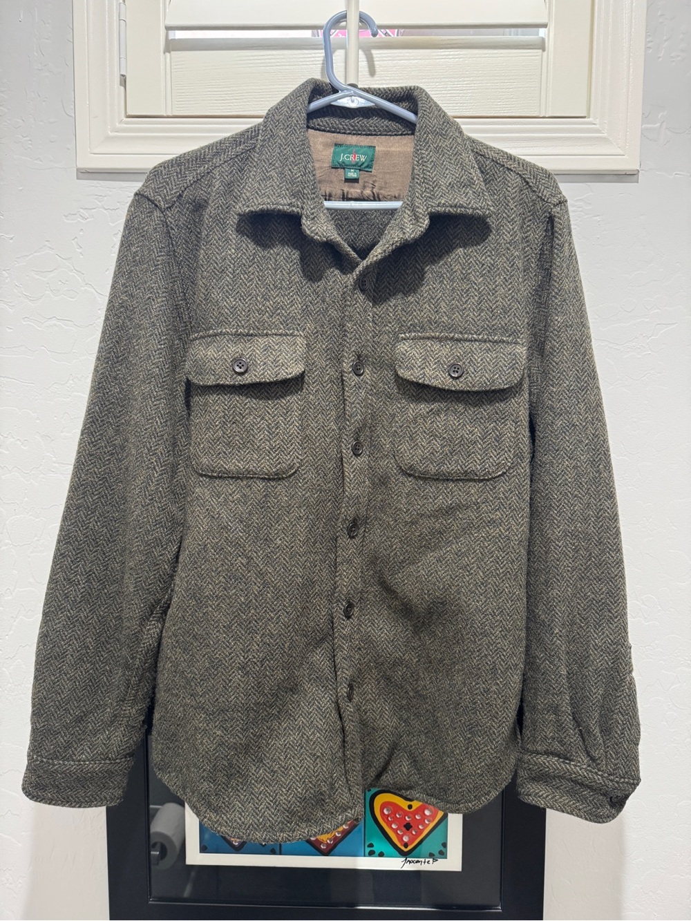 J. Crew Olive Herringbone 100% Wool Shirt Jacket